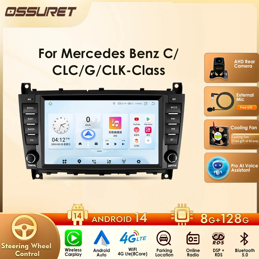 8 Core 8 "Carplay Android 13 per Mercedes Benz W203 W209 Autoradio Lettore multimediale Audio Stereo AI Voce GPS Navi BT SWC RDS