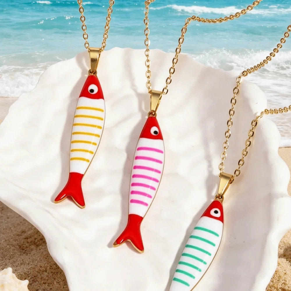 Stainless Steel Stripe Fish Charms Pendant Lightweight Lovely Design Marine Organisms Jewelry Enamel Gold Plated