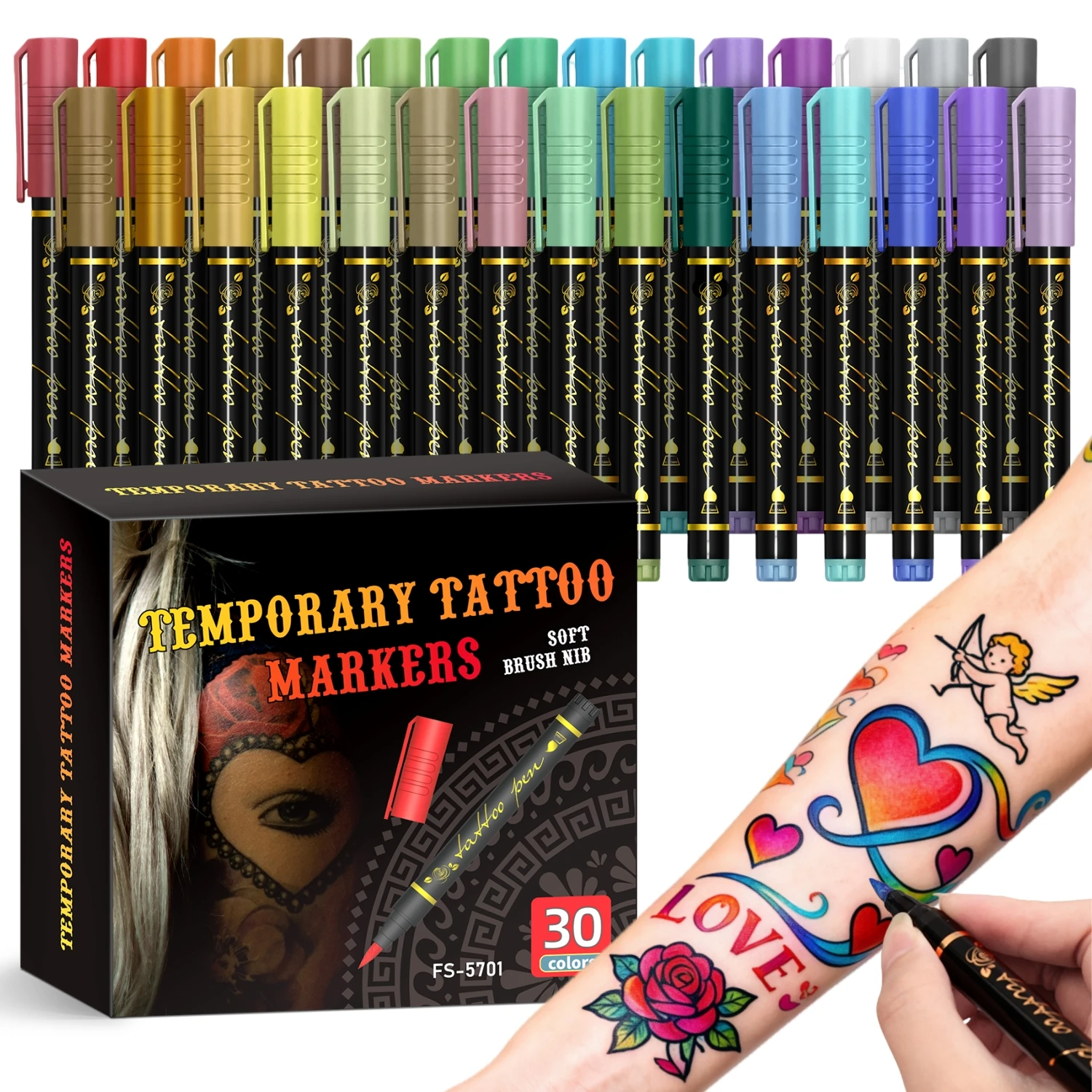 

Temporary Tattoo Markers for Skin,10 Colors Tattoo Pens,Brush Tip,Bright colors,Face Paint Kit Cosmetic Quality,Halloween makeup