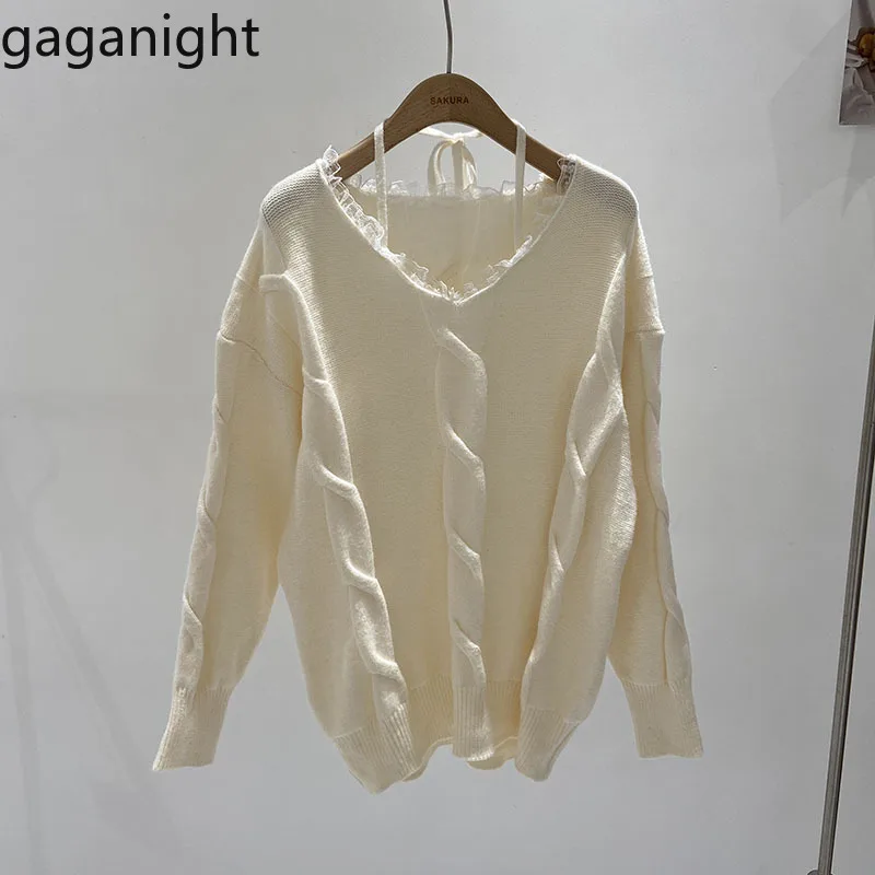 Gaganight Women Lace Edged V neck Lazy Gentle Apricot Sweater Women's Winter 2024 New Korean Loose Medium Length Knitted Sweater