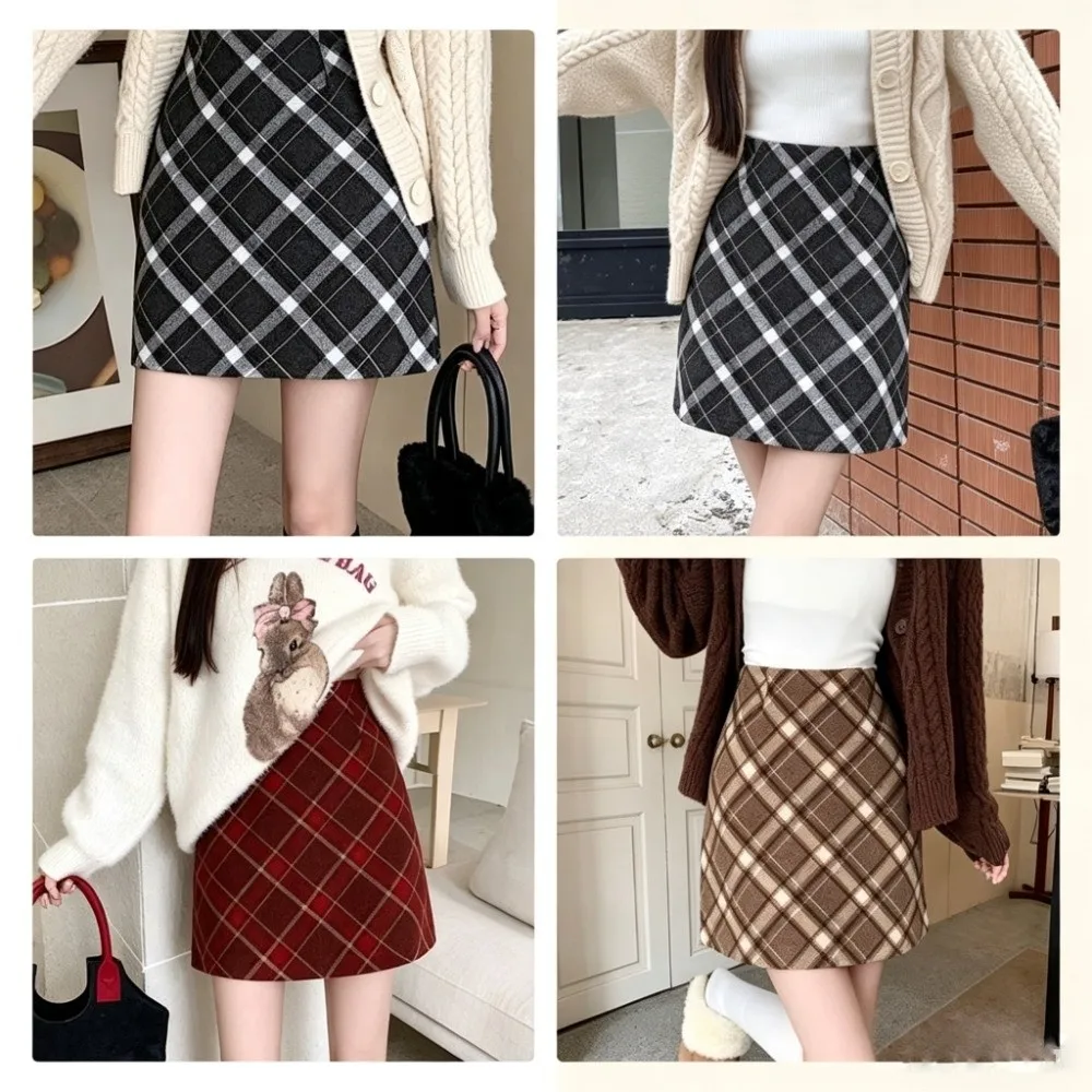 Stylish Retro Plaid Mini Skirt High Waist Woolen Material High Waist Skirt Plaid Pattern Mini Length A Line Skirt Fall Season