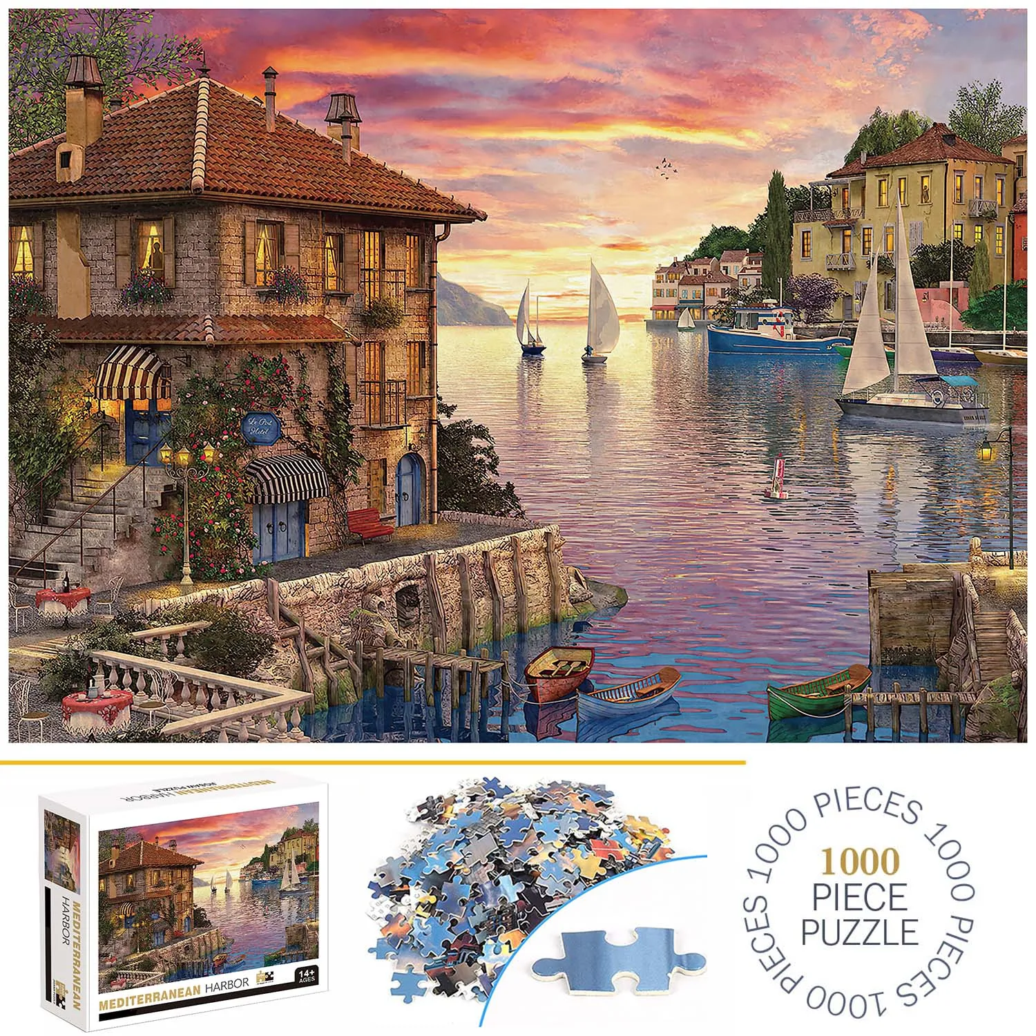 1000 Pieces Mediterranean Harbor Jigsaw Puzzles for Adults Home Decor Games Family Fun Floor Puzzles Educational Toys for Kids