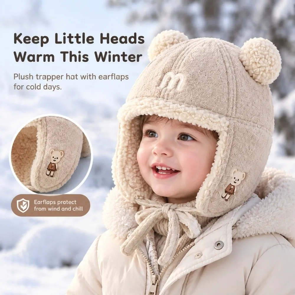 Cute Trapper Hat With Earflap Letter Print Kids Hat Thick Warm Wind Proof Hat Cold Weather