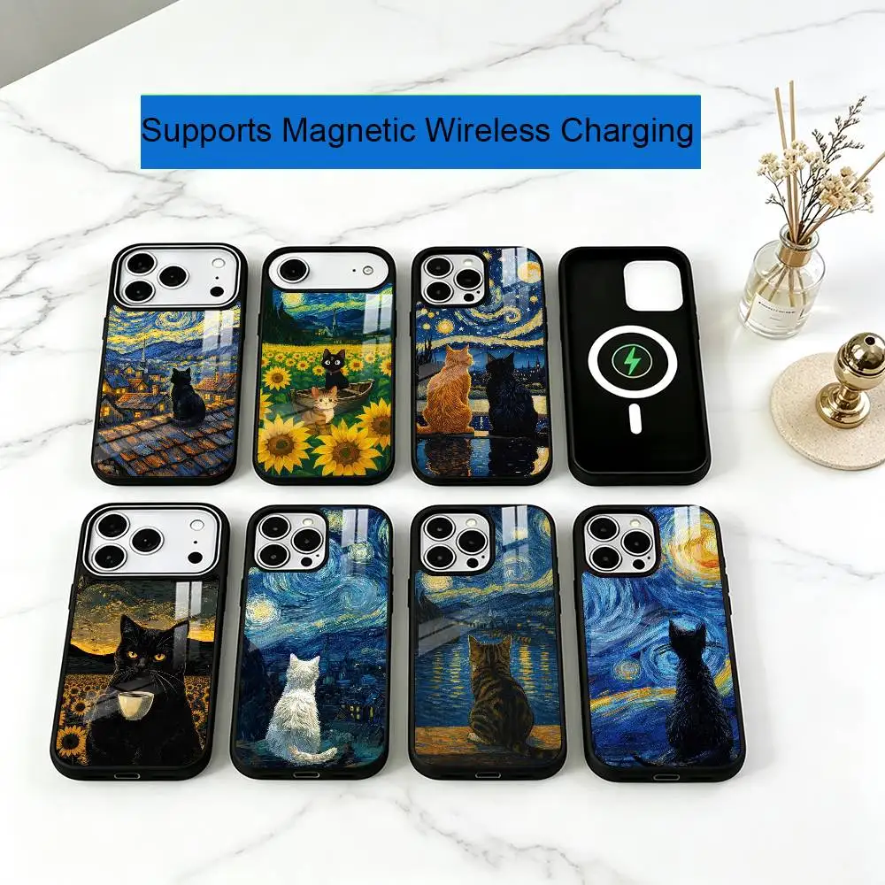 V-Van Gogh Starry Night Sunflower Cat Phone Case For iPhone17,16,15,14,13,12,11 Plus,Pro Allows magnetic wireless charging
