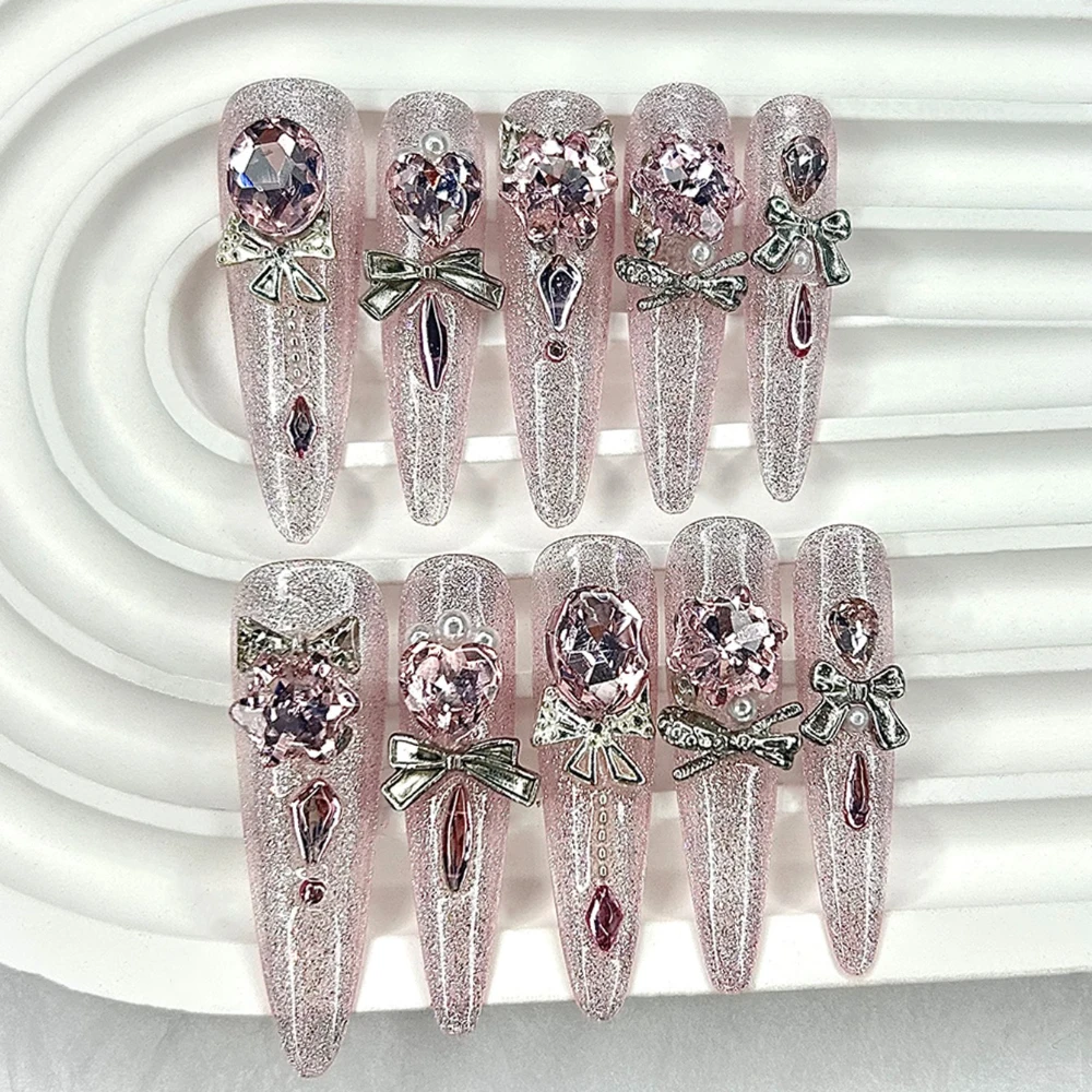 Luxury Pink Cat Eye Glitter Stiletto Handmade Press On Nails Sweet Cool 3D Diamond Pearl Long Tip Nail Art Removable Fake Nails