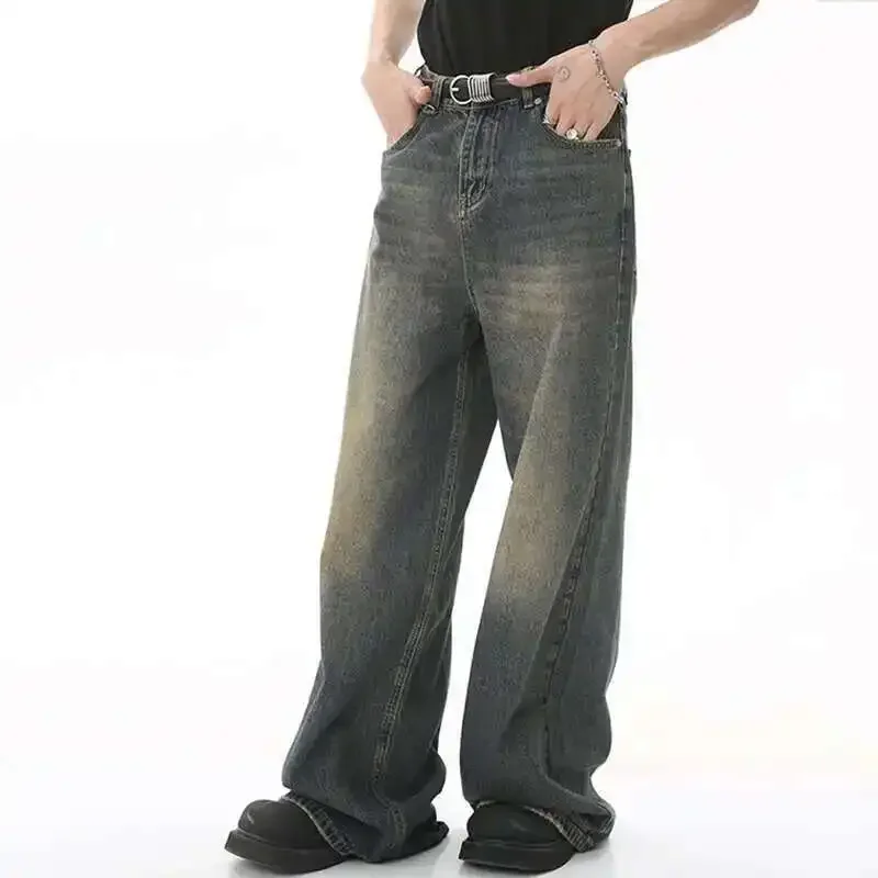 Men's Vintage Jeans Fashion Washed Street Casual Wide Leg Denim Pants Summer Distressed Loose Male Versatile Trousers