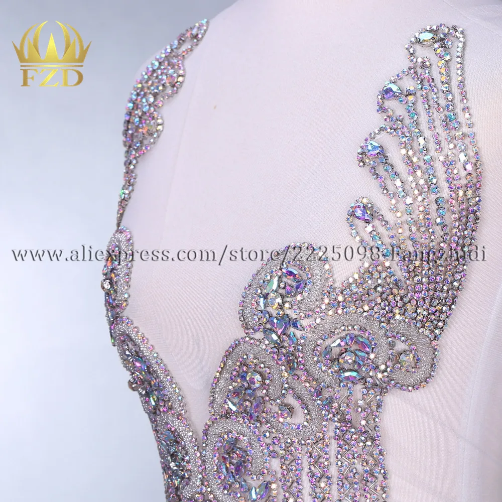 FZD 1 PIECE Elegant Handmade Big Size AB color Rhinestone Wedding Patch Crystal Dress Patch Bodice Applique for T Show Clothes