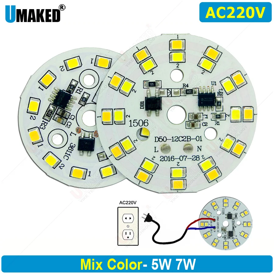 10pcs 5W 7W 220V led downlight source, dimming pcb panel board,Bi-color driverless led plate diy for bulb track light ceiling