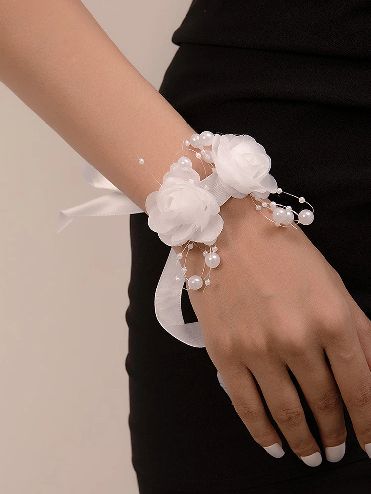*Bridesmaid Flowers Bracelet Wedding Wrist Fabric Ribbon Pearl Bow Bridel Wrist Flowers Hand Flowers Party Prom Supplies Decor