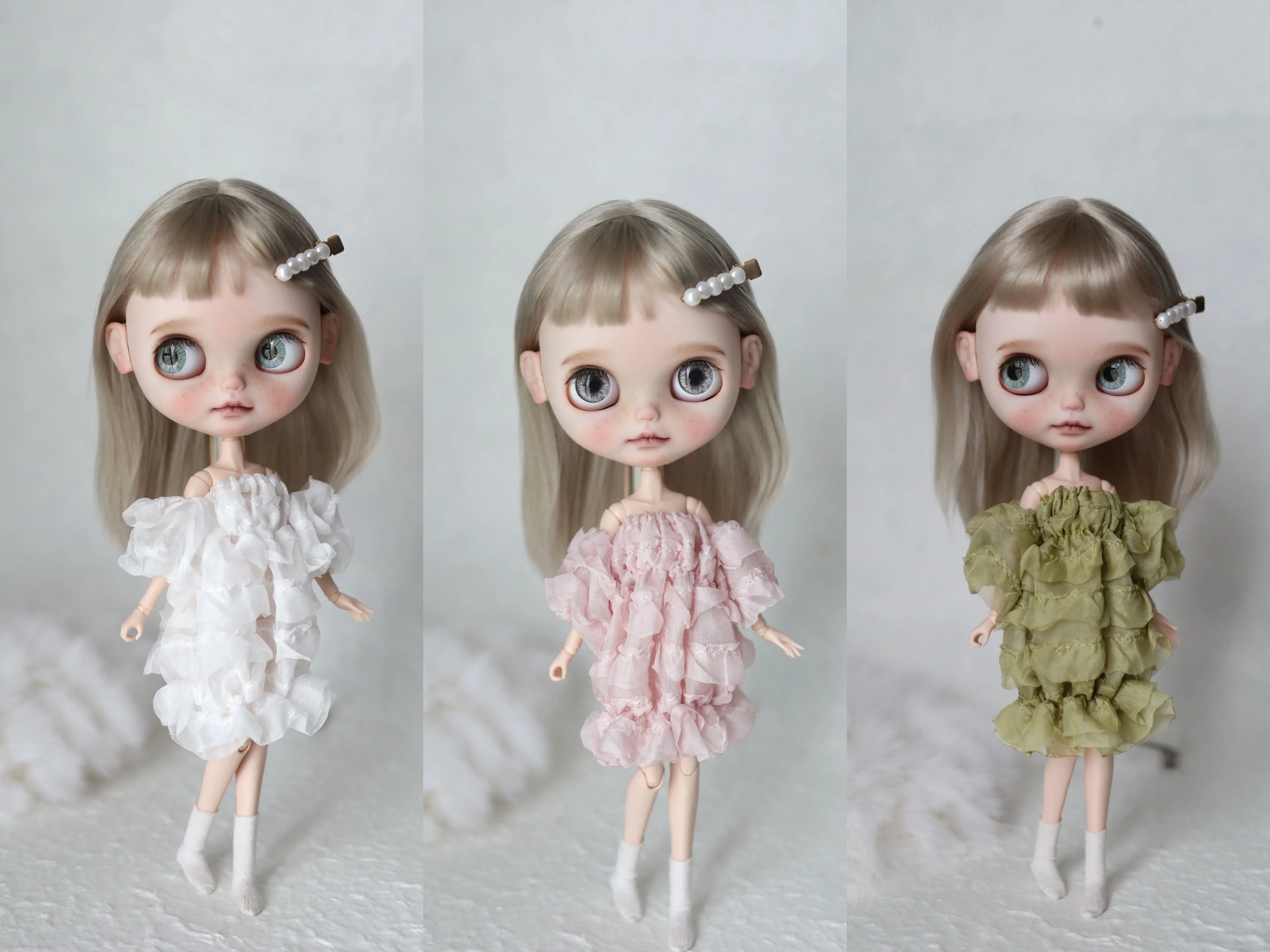 

Blythes Doll Dress suitable for 1/6 ob24stylish new shoulder-hanging Bubble dress Princess Dress White powder mustard green lady