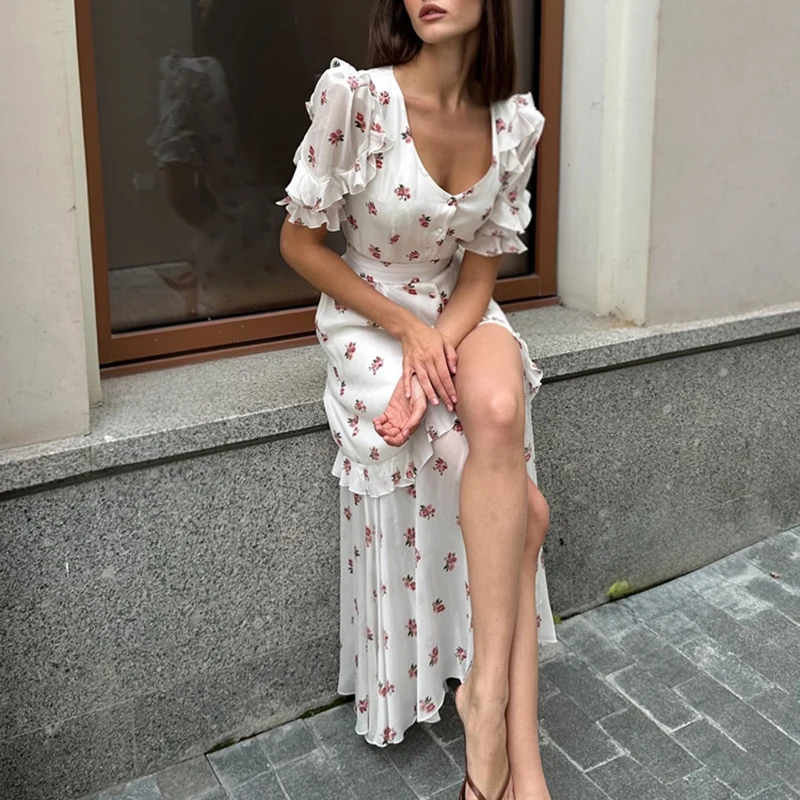 Lässiges Damen V-Ausschnitt Strandkleid, süßes Blumenmuster, A-Linien-Kleid für den Urlaub, kurzärmeliges Rüschenkleid mit Knopfleiste und Schlitz