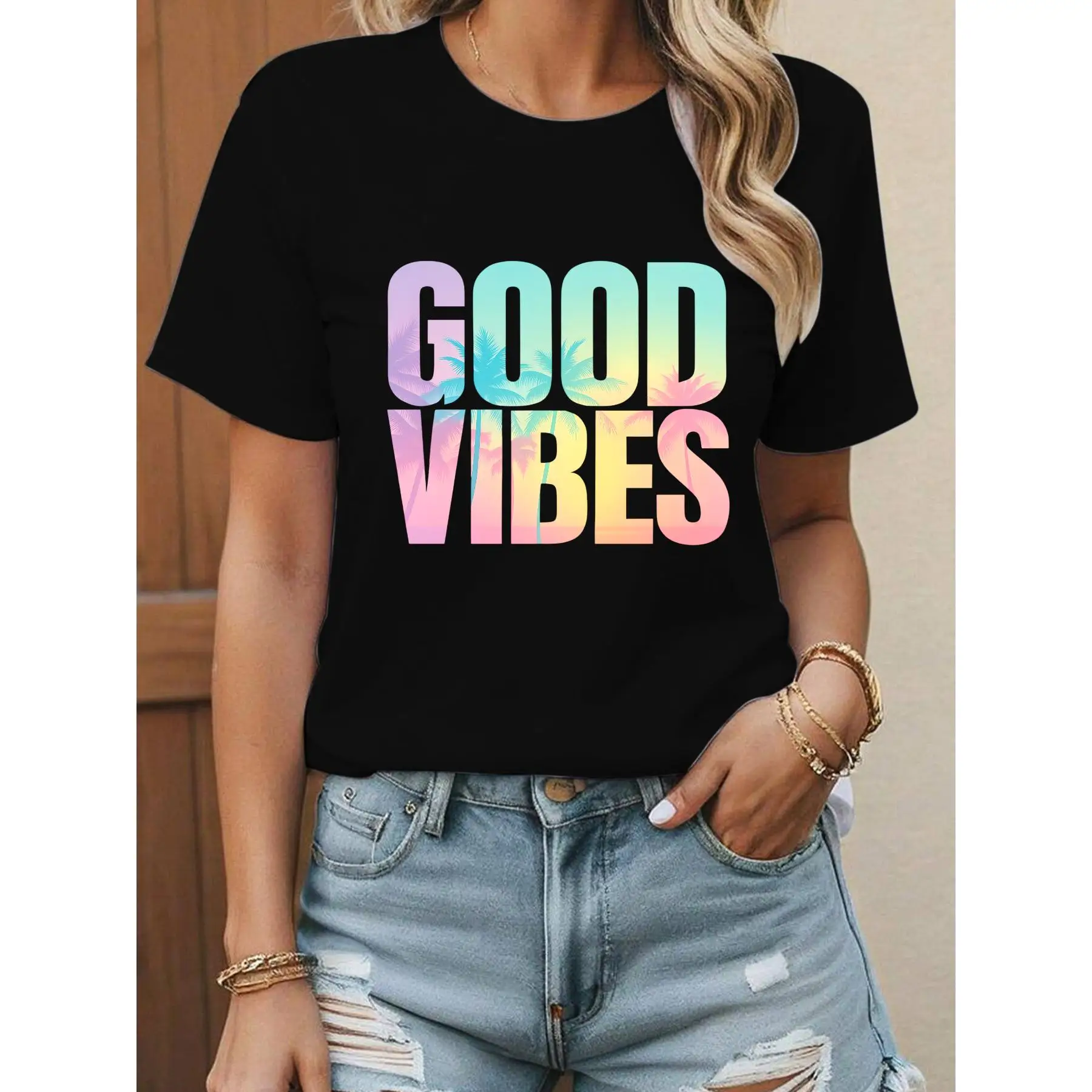 

Women's "Good Vibes" T-Shirt | Tropical Palm Tree Graphic Tee | Summer Beach Vacation Aesthetic Gift Top