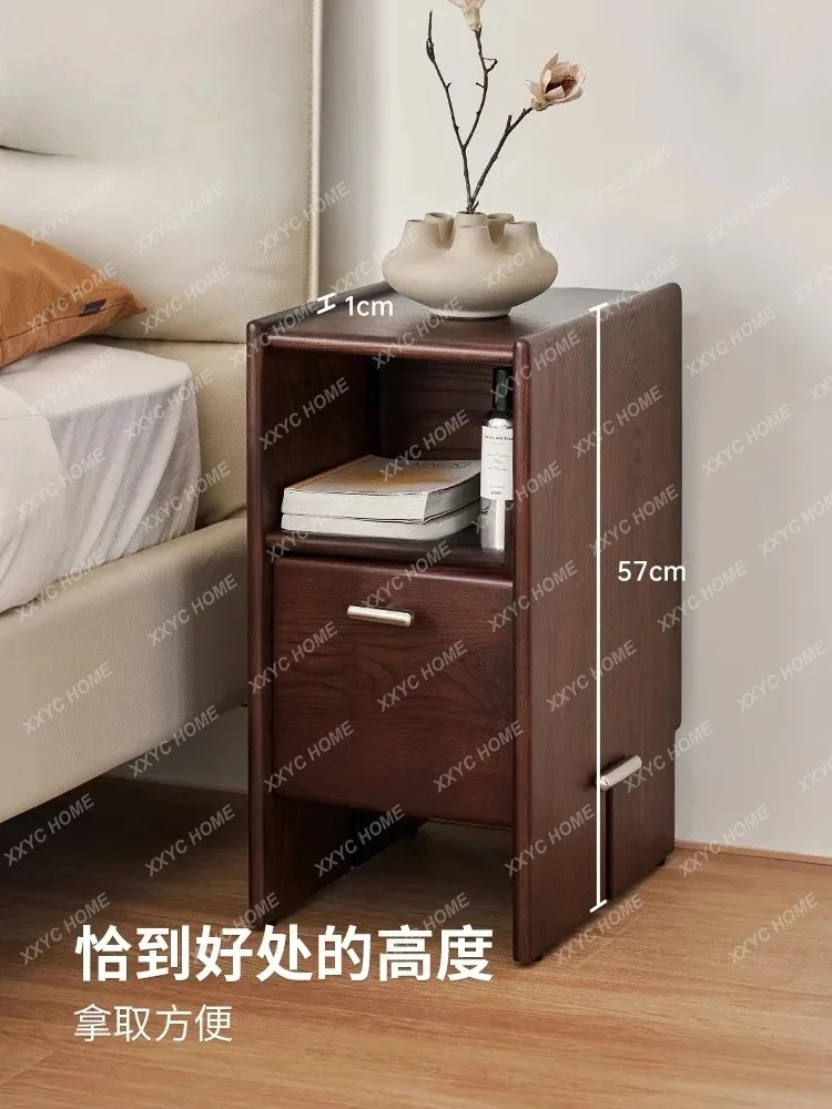 AASolid Wood Bedside Table Extremely Narrow Crevice Cabinet 2024 New Light Luxury High-end Retro Style
