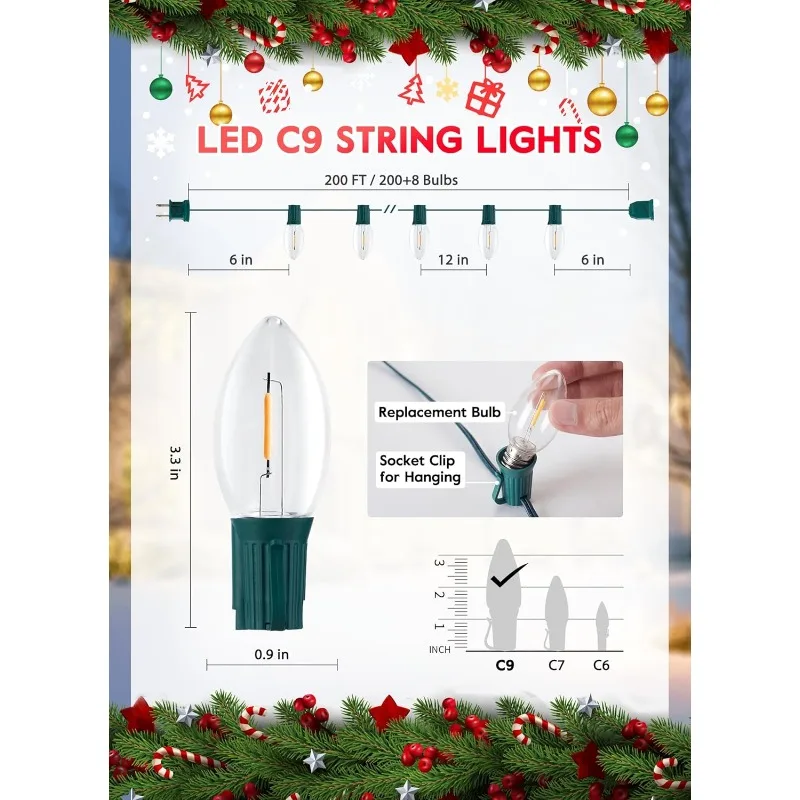 Vintage C9 LED-kerstverlichting buiten, 200 Ft C9 lichtslingers met 200 onbreekbare warmwitte lampen, waterdicht aansluitbaar