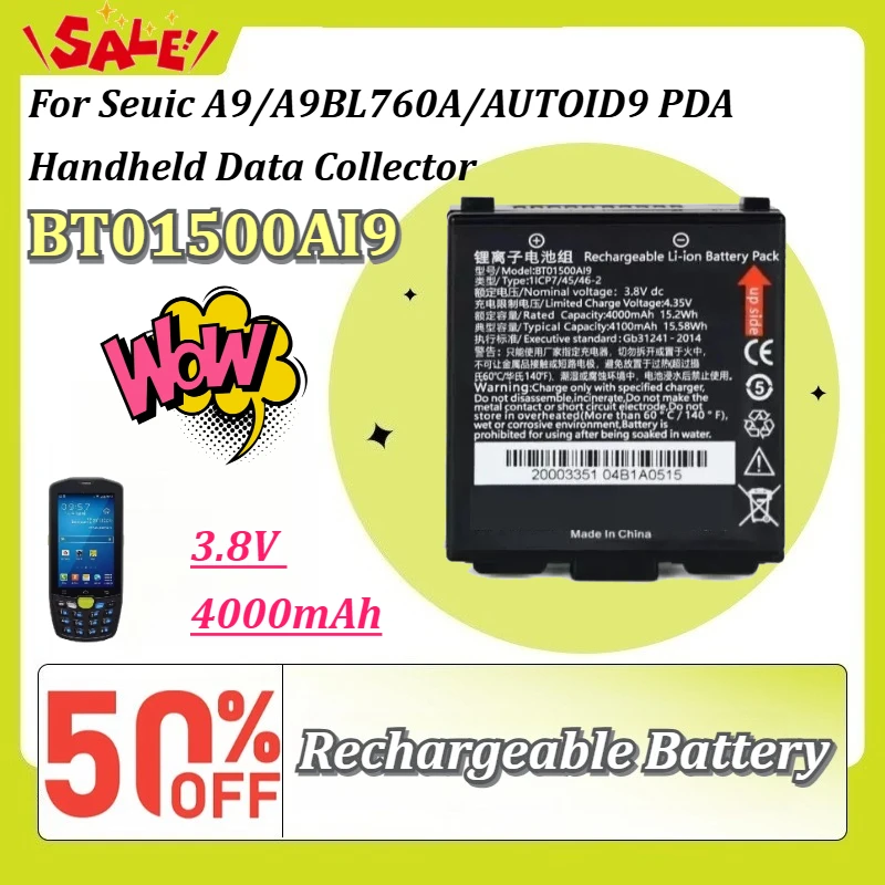 New BT01500AI9 3.8V 4000mAh Battery For Seuic A9/A9BL760A/AUTOID9 PDA Handheld Data Collector Rechargeable Repair Battery Pack