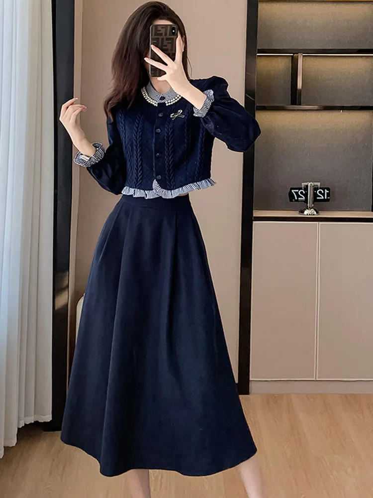 2023 Autumn Fashion Two Pieces Set Korean Women Vintage Ruffles Knitted splicing Shirt Top + A-Line Midi Skirts Elegant Outfits