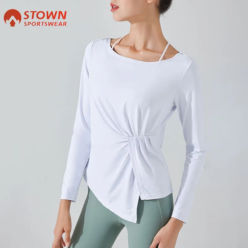 Stown Sportswear Long Sleeve Crop Top Gym Shirring Running Women Workout Tops Asymmetrical Sport Top Fitness Women