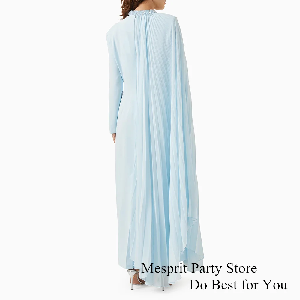 Pale Blue Prom Dress with Chiffon Cape Round Neck Long Sleeve Beading Stones Ankle Length Saudi Evening Gown for Weddings