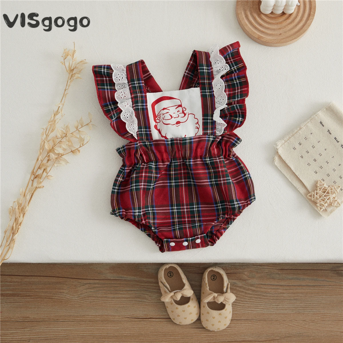 

VISgogo 0-24 Months Baby Girls Bodysuit Christmas Romper Ruffle Fly Sleeve Santa Claus Print Plaid Bodysuit for Xmas Party