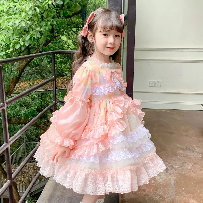 Baby Girls Spring Autumn Sweet Lolita Lace Floral Princess Ball Gown Pink Bow Gauze Dress Birthday Holiday Party Children Eid