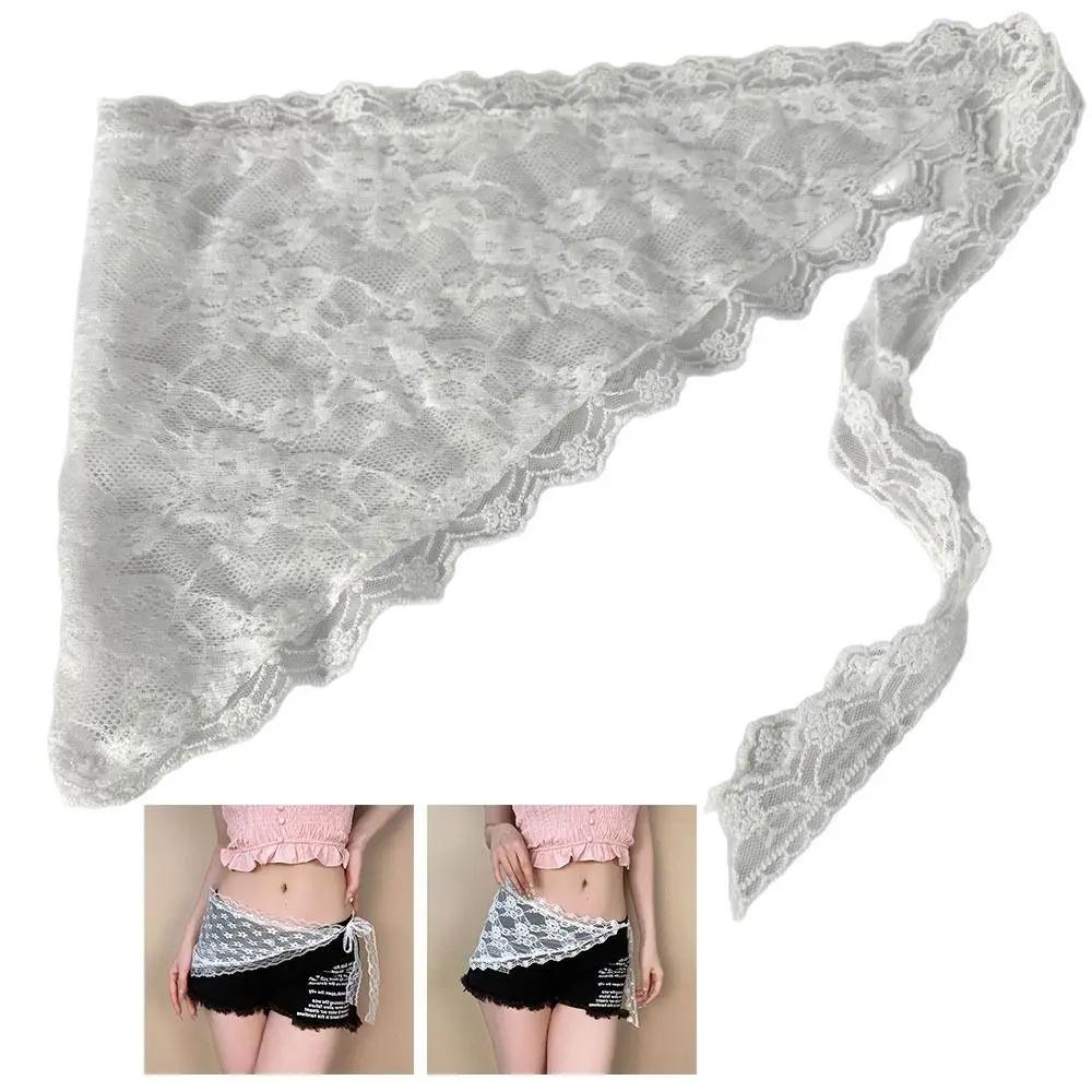 刺繍フラワートライアングルヘッドスカーフ Y2K ストリートウェア 原宿風レースヘッドウェア コットンシースルーレースミニスカート ジーンズデコレーション