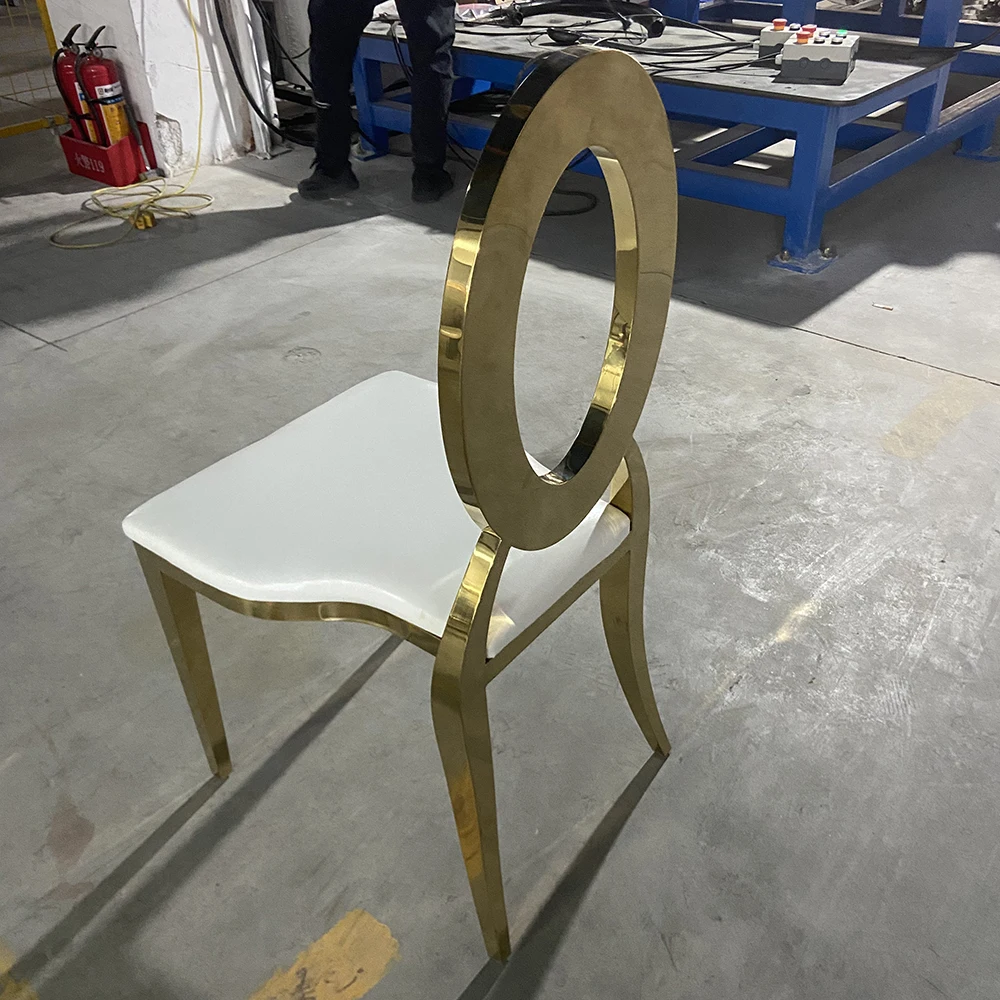 TOP Hotel Stackable O Back Chair Oval Gold StaInless Steel White Leather Wedding Chair