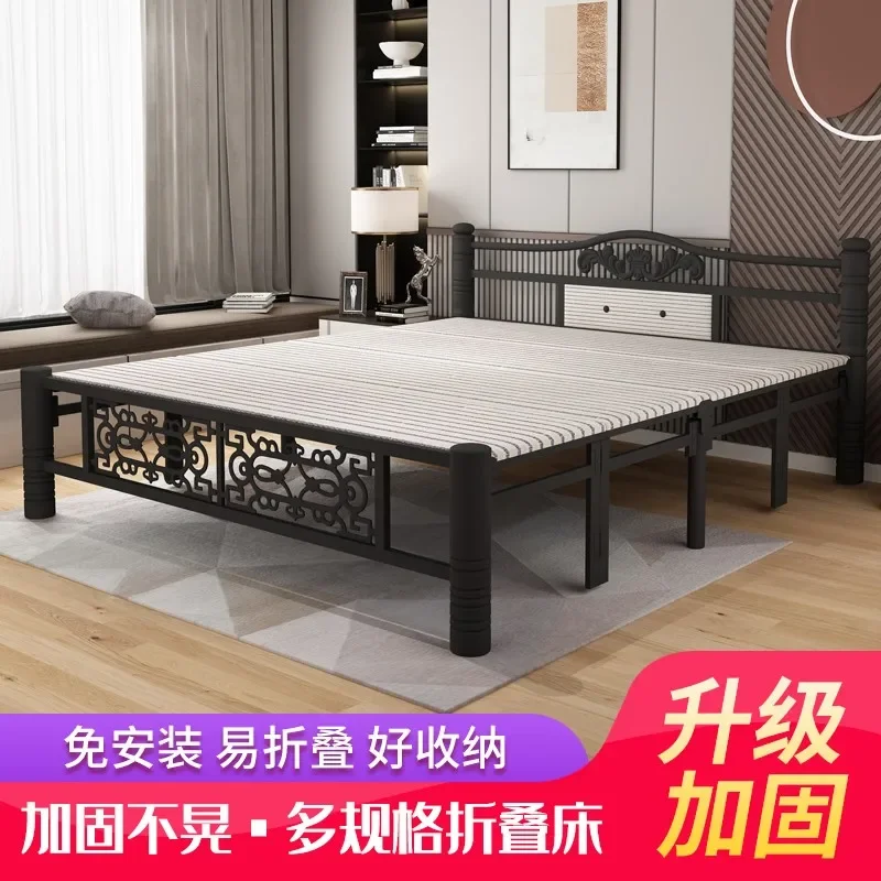 Reinforced folding single bed wooden board lunch break folding bed household double bed 1 meter rental house simple economy iron