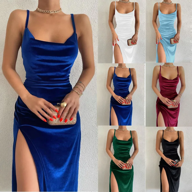 Velvet Swing Collar Sleeveless Slip Sexy Slit Maxi Dress 2022 New Fashion Evening Party Women Elegant Streetwear Y2K