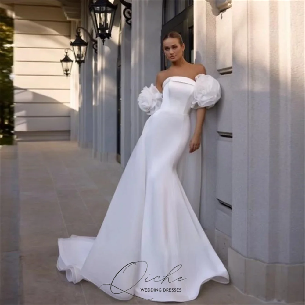 

QICHE Elegant Off The Shoulder Flowers Mermaid Wedding Dresses With Cape Strapless Open Back Vestidos De Novia 2026 Customized