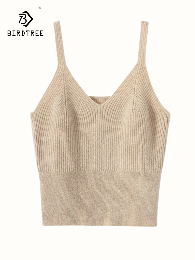 

Birdtree 65% Wool 35% Cashmere Warm Elegant Halter Tops Women's V-Neck Solid Undershirt Simple Bottoming Vest Autumn T3N418QC