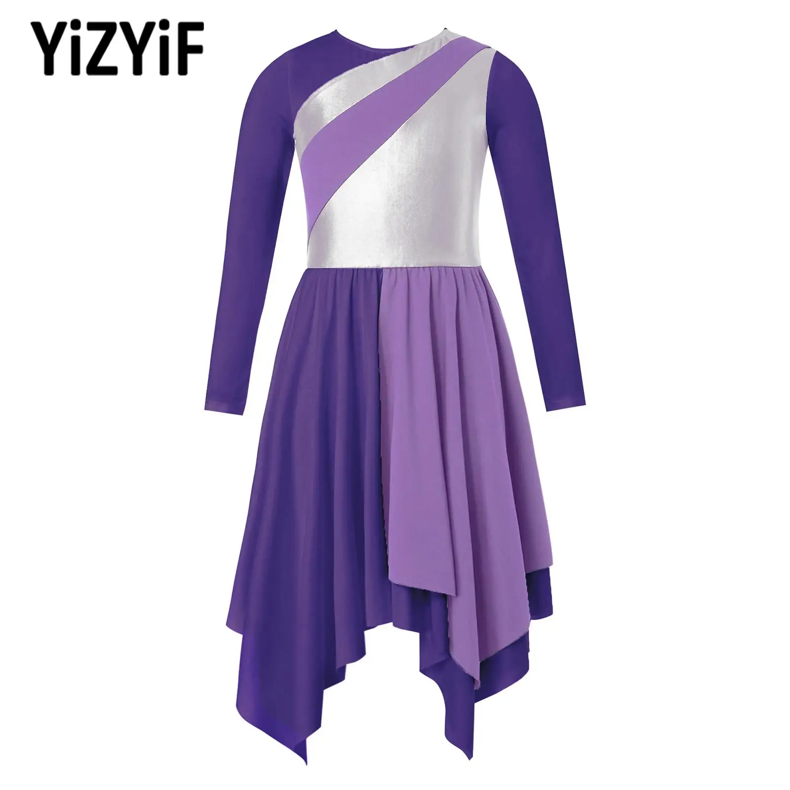 Kids Girls Praise Lyrical Dance Dress Long Sleeve Metallic Contrast Asymmetrical Skirt Worship Performance Dress Costumes