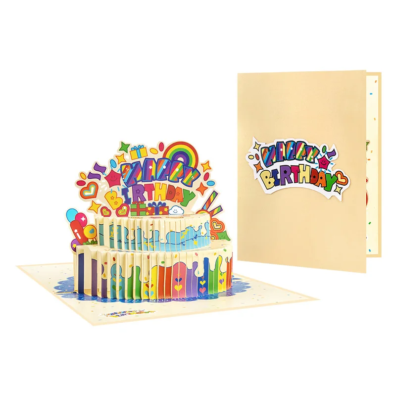 

2Pcs Happy Birthday Pop-up Card, 3D Greeting Card with Birthday Cake And Balloons Design Rainbow Candy Cake Card With Envelope