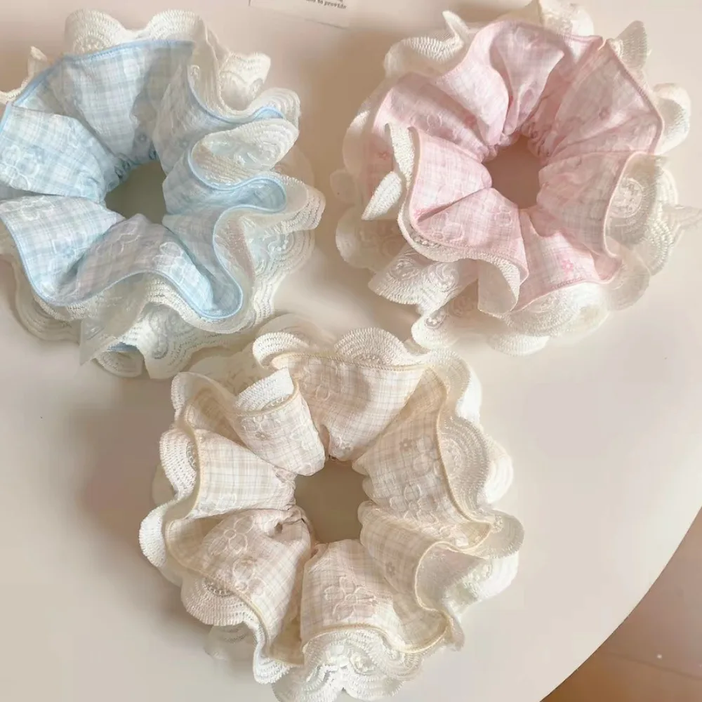 1/3pcs Cute Plaid Lace Ruffle Large Scrunchies Floral Soft Fabric Hair Ties Sweet Pastel Color Elastic Hair Bands Women Girls