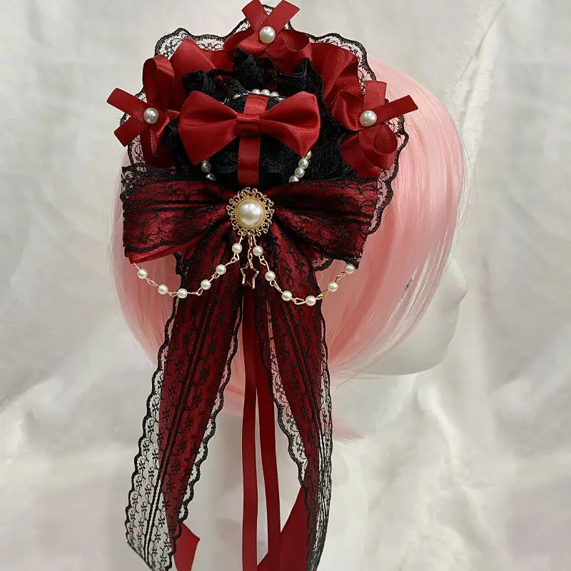 

Victorian Gothic Lolita Headdress Sweet Lace Bow Pearl Chain Headwear Cosplay Vintage Halloween Dark Small Hat Hair Accessories