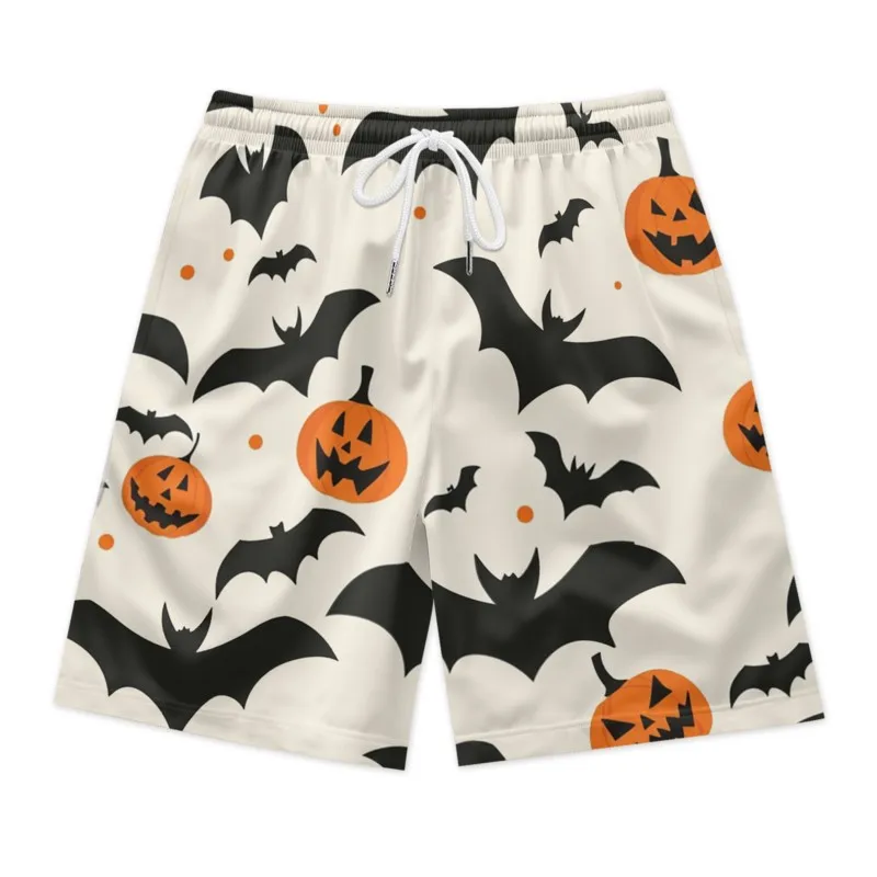 Bats Pumpkins Print Men's Drawstring Waist Shorts Polyester Beach Shorts Quick Dry Breathable Casual Sport Shorts