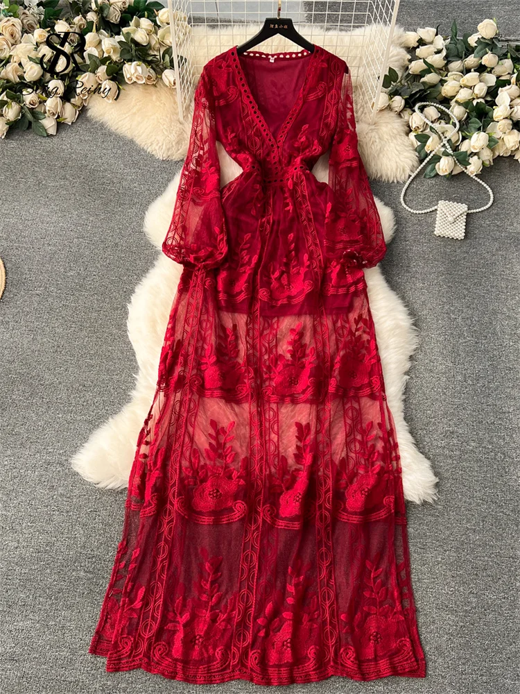

SINGREINY Autumn Fashion Lace Sexy Dress Female Lantern Sleeve V Neck Loose Dress Women Vintage Embroidery Sheer Long Dresses