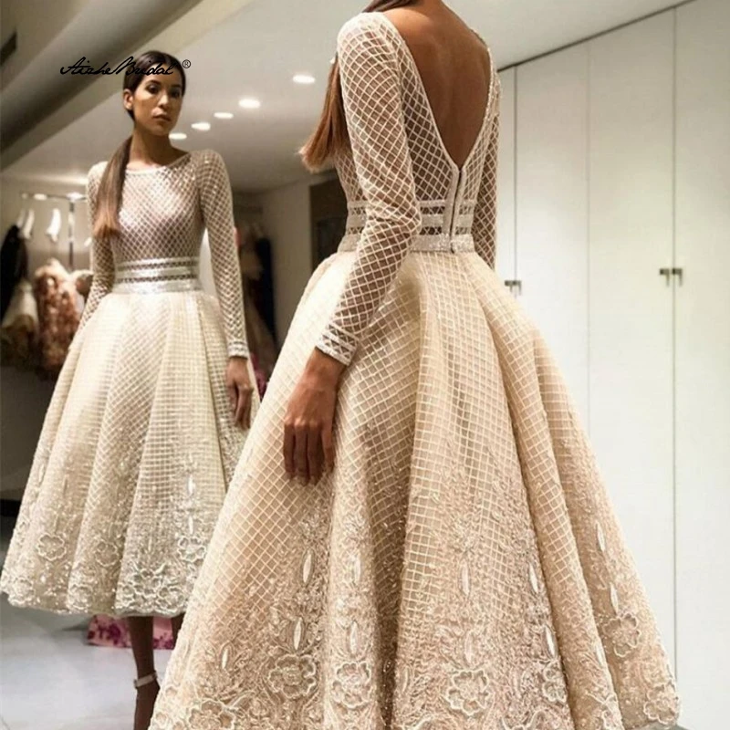 Eleganckie sukienki koktajlowe w kolorze bige z unikalną koronką, długie rękawy, dekolt w serek na plecach, długość do herbaty, suknie balowe, sukienki wieczorowe, sukienki na przyjęcie w kolorze szampana.