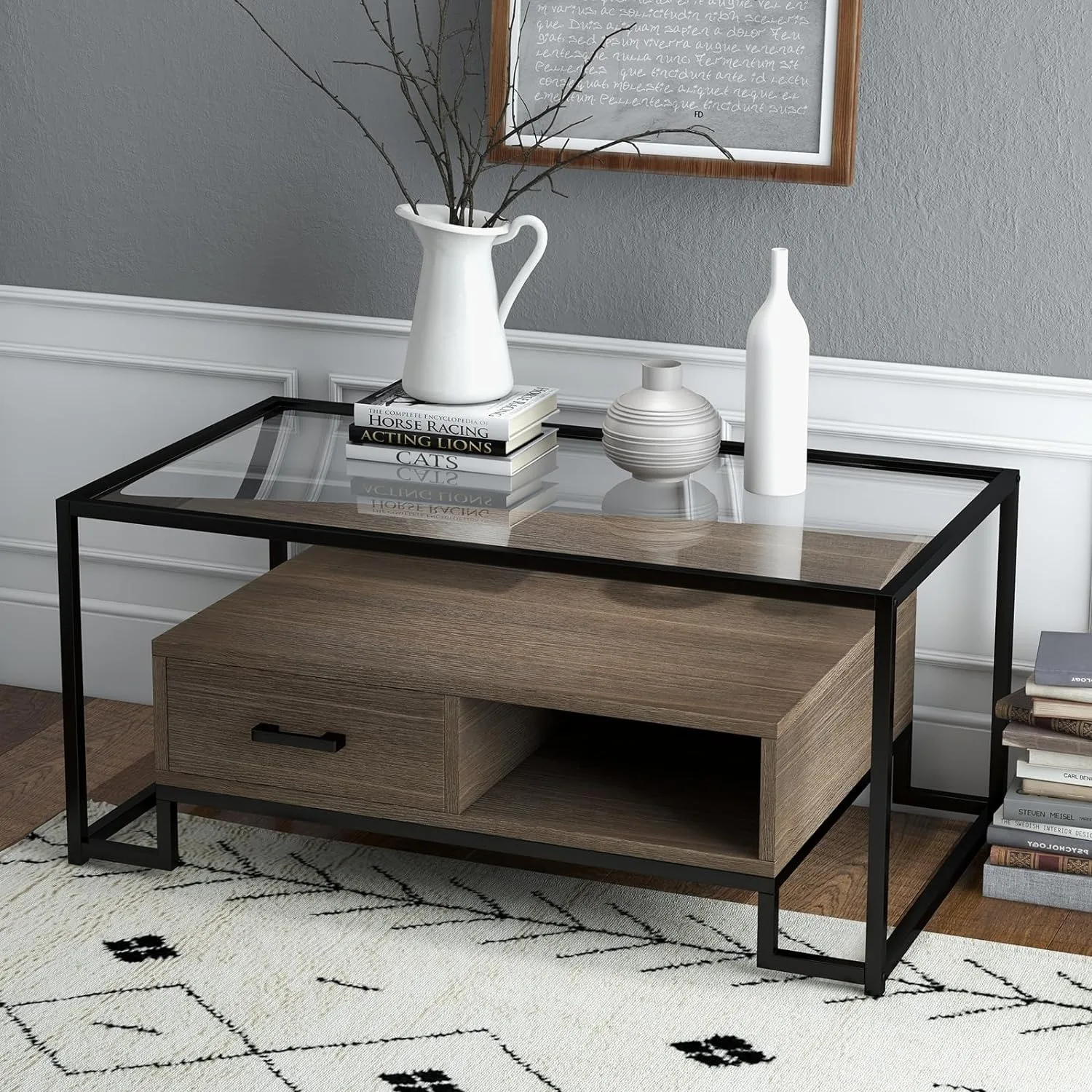 Rectangular Coffee Table, Glass Coffee Table with Storage Shelf & Drawer Mid Century Glass Top Accent Table for Home Living Room