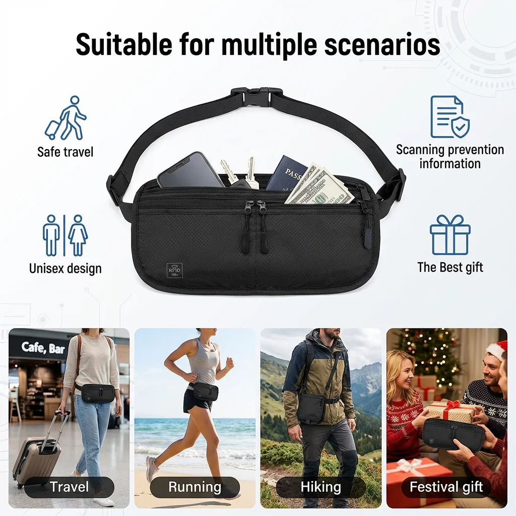 Riñonera de Viaje con Bloqueo RFID, Cinturón Delgado Antirrobo para Dinero con Diseño Multiusos, Cartera RFID Impermeable para Tarjetas