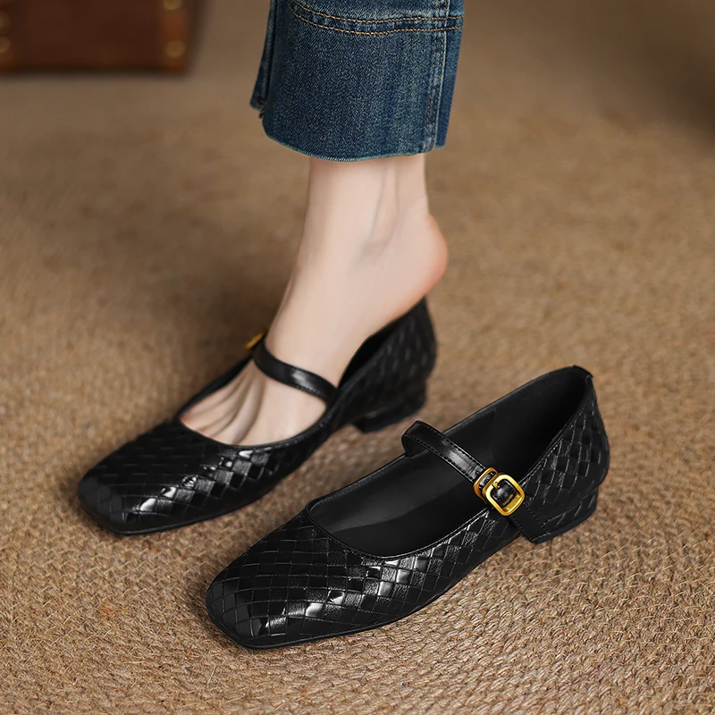 2026 spring autumn women pumps natural leather plus size 22-29cm cowhide+pvc+sheepskin square toe buckle low heel women shoes
