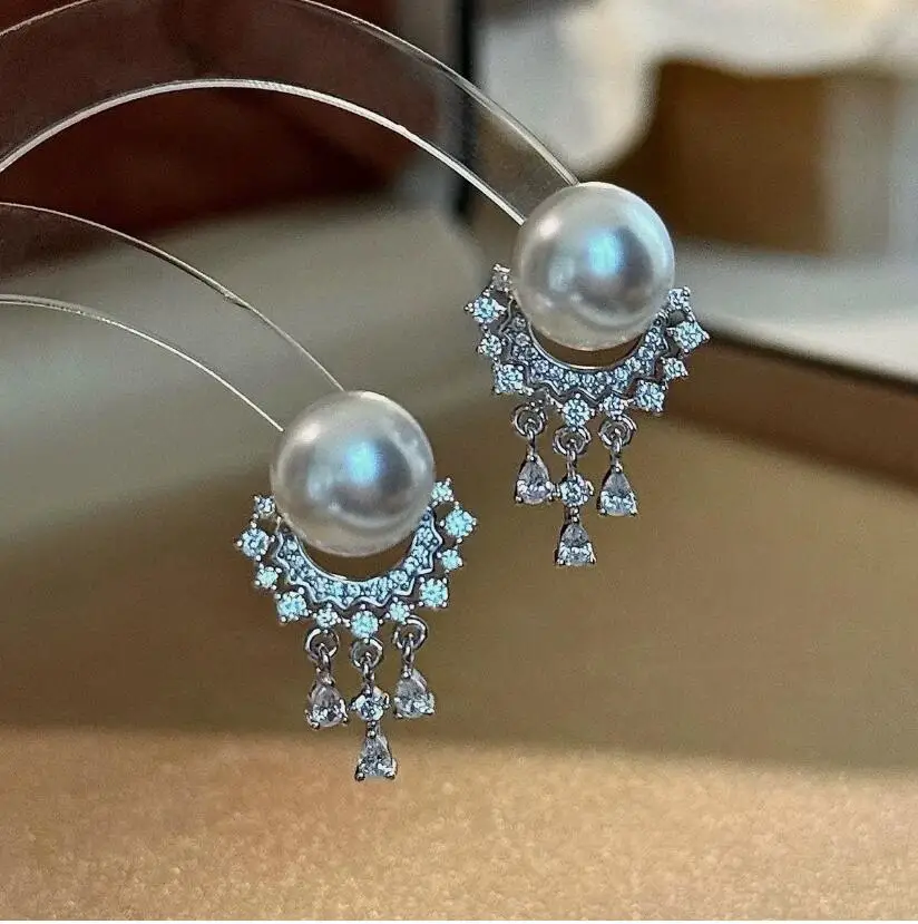 

gorgeous pair of 9-10mm south sea white pearl dangle earring 925s