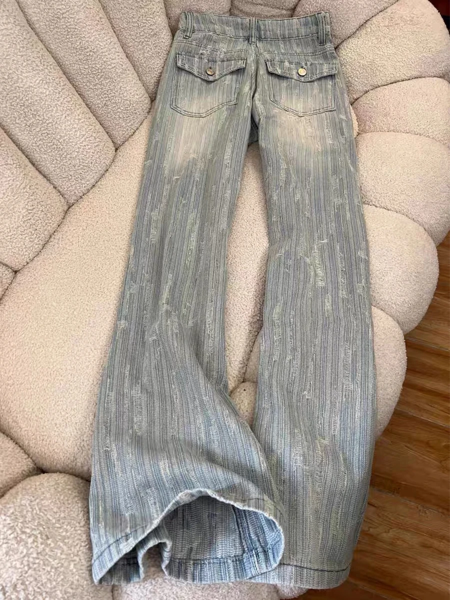 Flared Jeans Women Embroidered Lace Up Pearl Beaded Ruffles Artistic Feminine Unique Fashion Aesthetic Chic Comfortable Lace