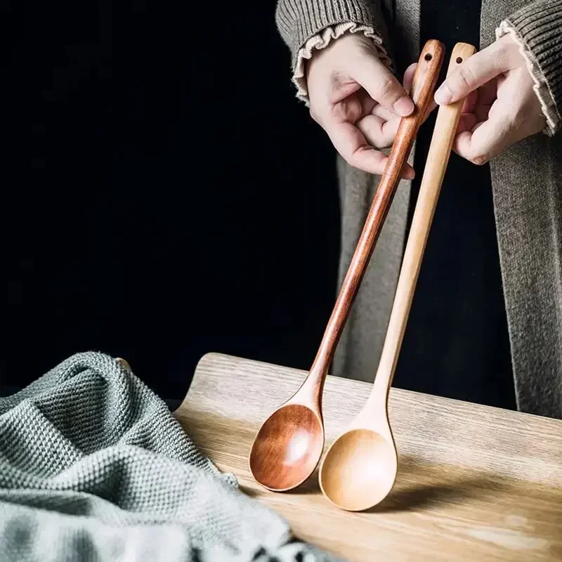 Long Wooden Teaspoons Kitchen Cooking Utensils for Soup Tea Honey Stirring Spoon Ladle Soup Spoon and Fork