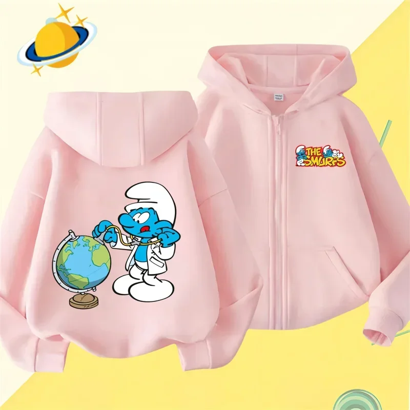 Anime Smurfs new pin zipper hoodie Boys girls sweatshirt autumn and winter long-sleeved Harajuku jumper casual hoodie top