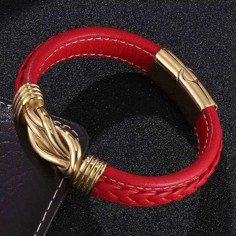 Fashion Jewelry Red Leather Men Bracelets Irregular Winding Graphic Golden Stainless Steel Magnet Clasp Women Bracelet SP0769