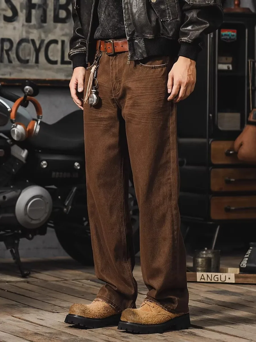 

Мужские джинсы большого размера, весенне-осенние, в стиле High Street, модные, американские ретро-джинсы, рабочая одежда, длинные брюки, повседневные, прямого кроя, с эффектом потертости