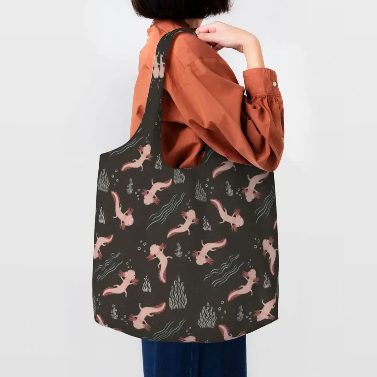 Kawaii Print Axolotl Pattern Tote Shopping Bags Portable Canvas Shopper Shoulder Salamander Animal Bags Photography Handbags