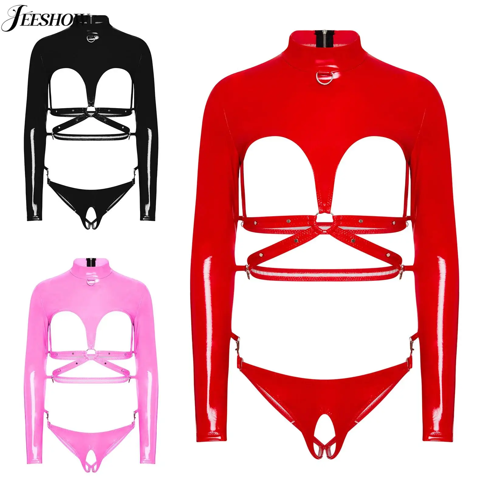 

Womens Wet Look PU Leather Lingerie Set O-ring Clasps Linked Long Sleeve Hollow Out Open Crotch Bodysuit One Peice Lingerie