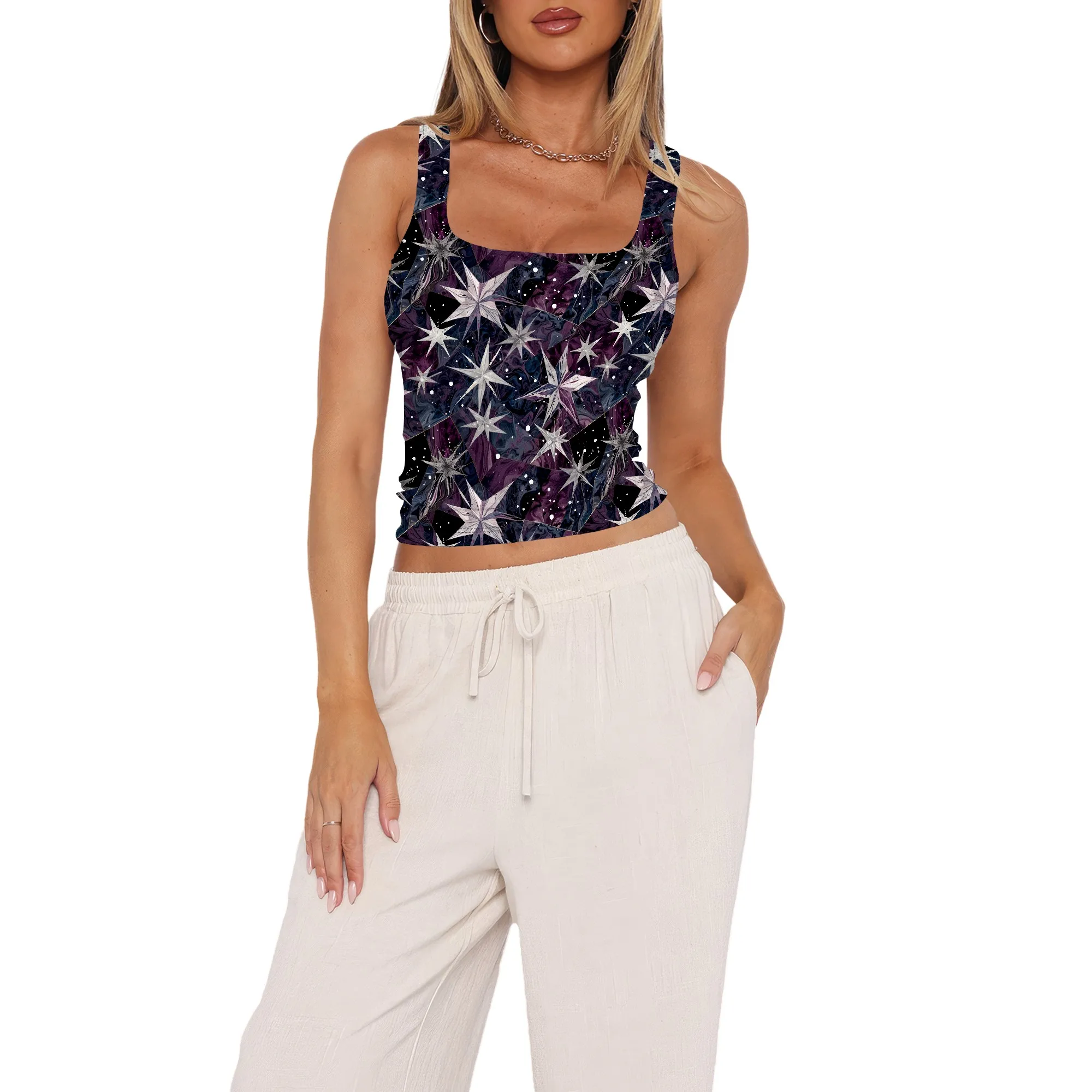 女性のセクシーなノースリーブクロップトップス二重層スクープネッククロップドタンクトップ