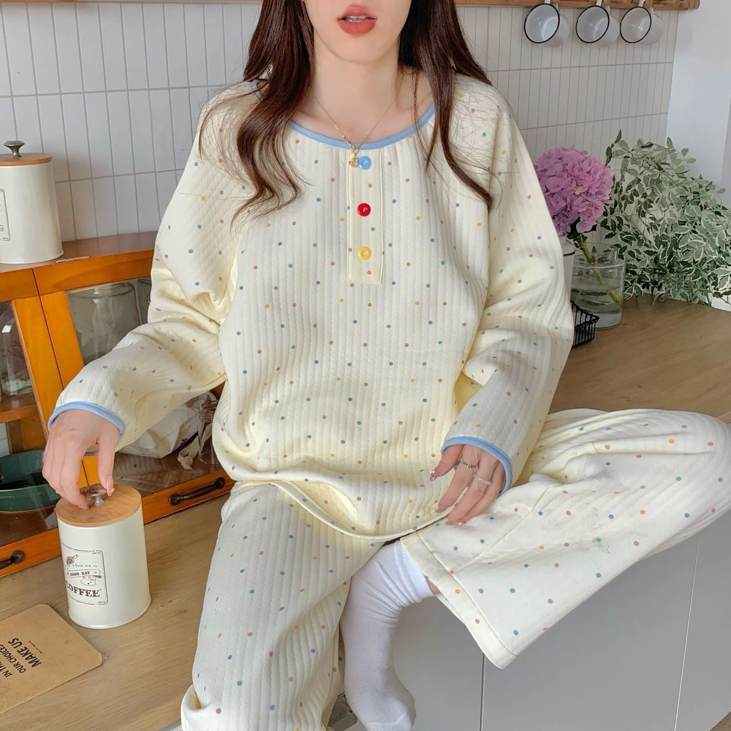 

Thickened Cotton Sleepwear Women's Winter New Style Sweet Home Clothes Set Long Sleeve Long Pants Home Clothes Knitted Nightgown